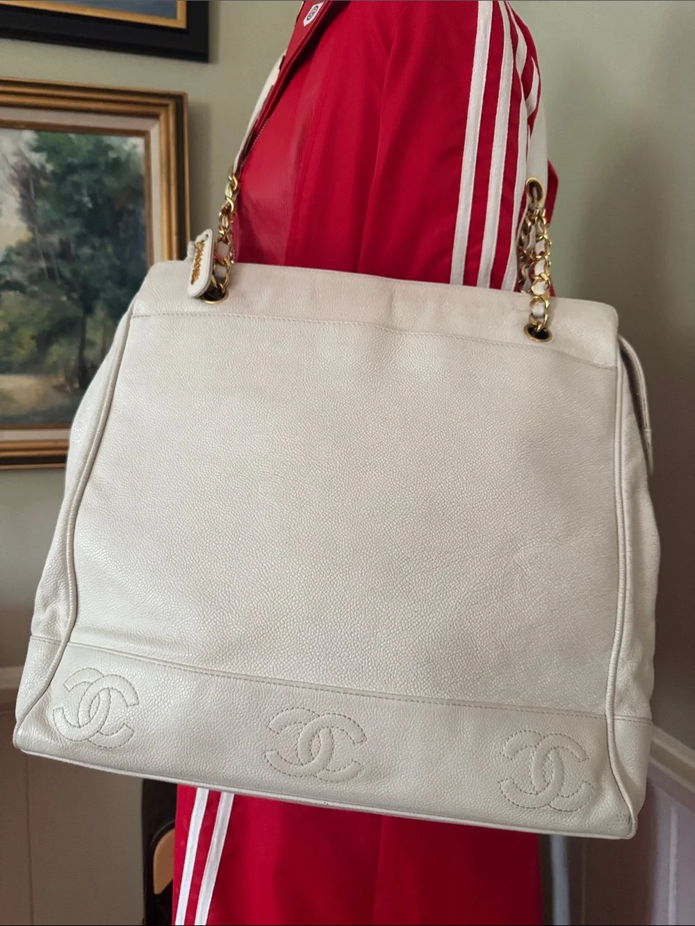 CHANEL XL Vintage Triple CC White Leather Shoulder Tote Bag Purse Gold Chain